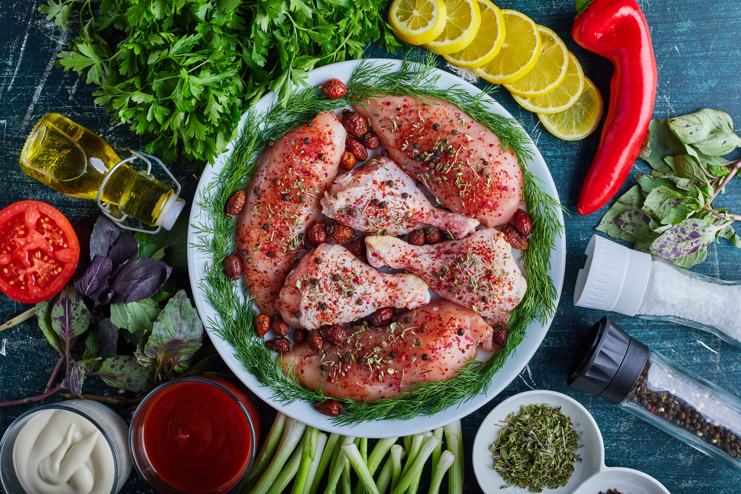 raw chicken legs and fillet in a green plate