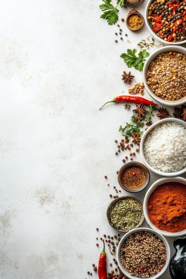 download een verscheidenheid van kruiden, kruiden, en rijst geregeld artistiek aan een licht oppervlakte voor culinaire gebruik gratis